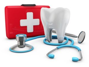 a digital illustration of a tooth in front of a dental emergency kit